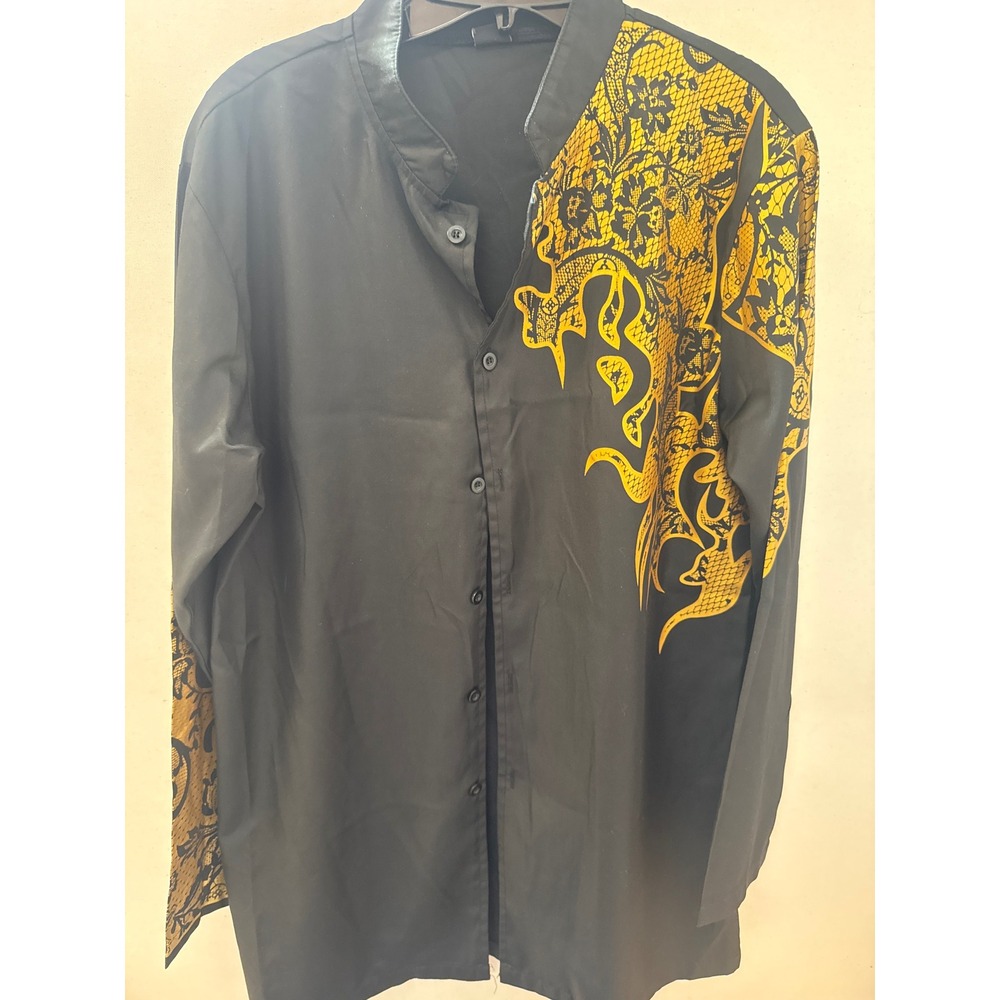 Design Fashion Mens Bk yellow  Graphic Print Mandarin Collar Button Down Shirt M